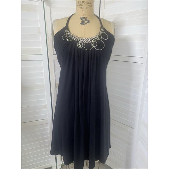 y2k Baby Phat Halter Mini Black Short Dress Backless Silver Chainmail Sz Medium - Picture 1 of 9